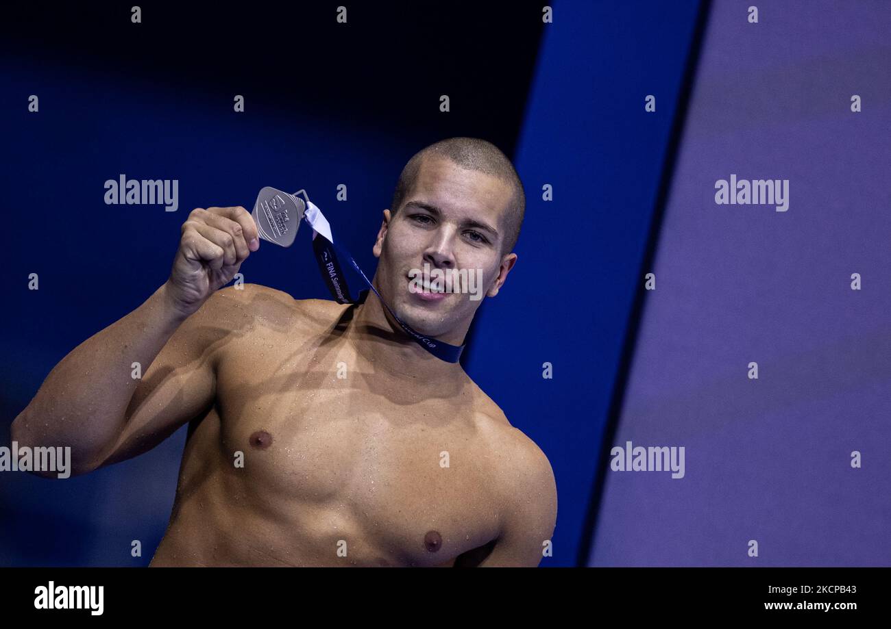 Szebasztian Szabó of Hungary 2nd after the Men's 50m butterfly on the FINA Swimming World Cup held at Duna Arena Swimming Stadium on October 09, 2021 in Budapest, Hungary. (Photo by Robert Szaniszló/NurPhoto) Stock Photo