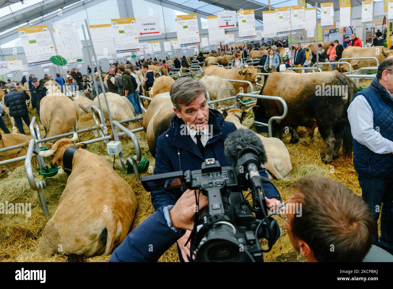 2021-10-06, France. Arnaud Montebourg, former Minister of Economy and candidate for the 2022 presidential election being interviewed, at the 30th Sommet de l Elevage (livestock summit) in Cournon d Auvergne, near Clermont Ferrand. (Photo by Adrien Fillon/NurPhoto) Stock Photo