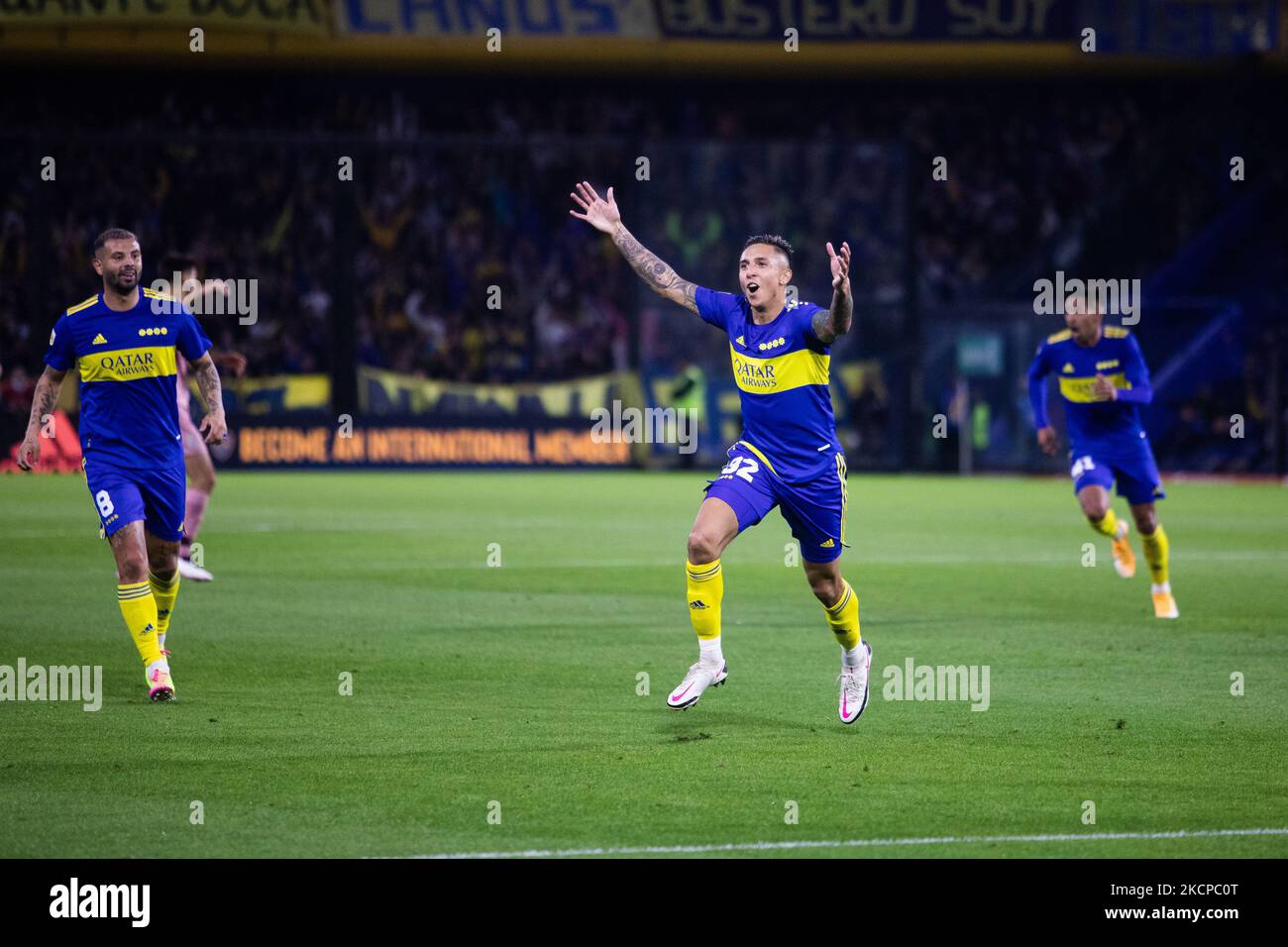 Agustin Almendra of Boca Juniors celebrates after scoring the second goal of his team during a match between Boca Juniors and Lanus as part of Torneo Liga Profesional 2021 at Estadio Alberto J. Armando on October 9, 2021 in Buenos Aires, Argentina. (Photo by Matías Baglietto/NurPhoto) Stock Photo