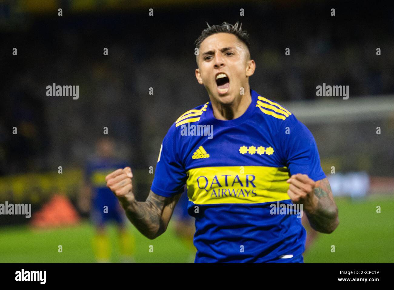 Agustin Almendra of Boca Juniors celebrates after scoring the second goal of his team during a match between Boca Juniors and Lanus as part of Torneo Liga Profesional 2021 at Estadio Alberto J. Armando on October 9, 2021 in Buenos Aires, Argentina. (Photo by Matías Baglietto/NurPhoto) Stock Photo