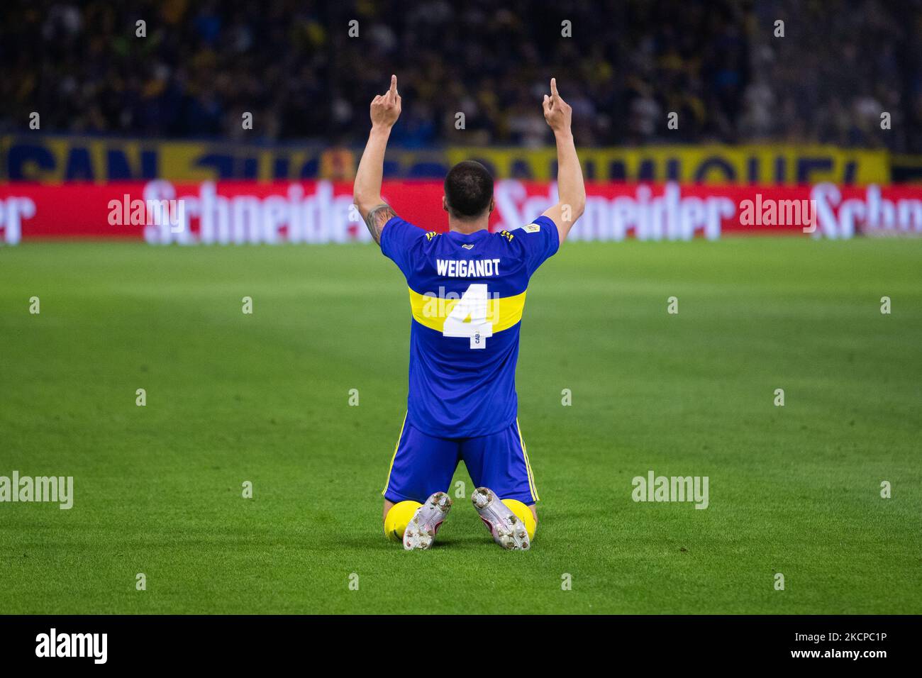 Marcelo Weigandt of Boca Juniors celebrates after scoring the first goal of his team during a match between Boca Juniors and Lanus as part of Torneo Liga Profesional 2021 at Estadio Alberto J. Armando on October 9, 2021 in Buenos Aires, Argentina. (Photo by Matías Baglietto/NurPhoto) Stock Photo