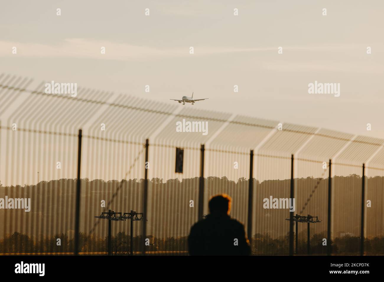 Planes fly at the airport of Stuttgart, Germany on October 10, 2021 (Photo by Agron Beqiri/NurPhoto) Stock Photo