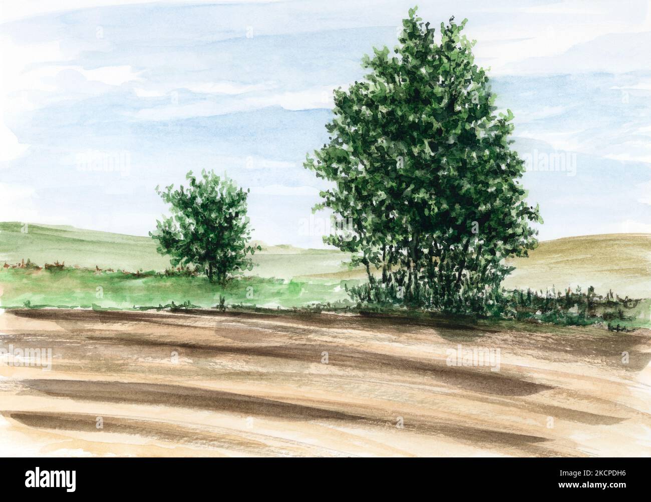 Plowed field. Watercolor on paper. Stock Photo