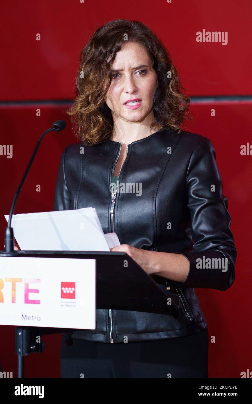 he President of the Community of Madrid, Isabel Diaz Ayuso during the presentation of the new vinyl reproductions of representative works of the Museo Nacional del Prado at the Estacion del Arte de Metro de Madrid, at the Estacion del Arte de Metro, on 11 October, 2021 in Madrid, Spain. (Photo by Oscar Gonzalez/NurPhoto) Stock Photo