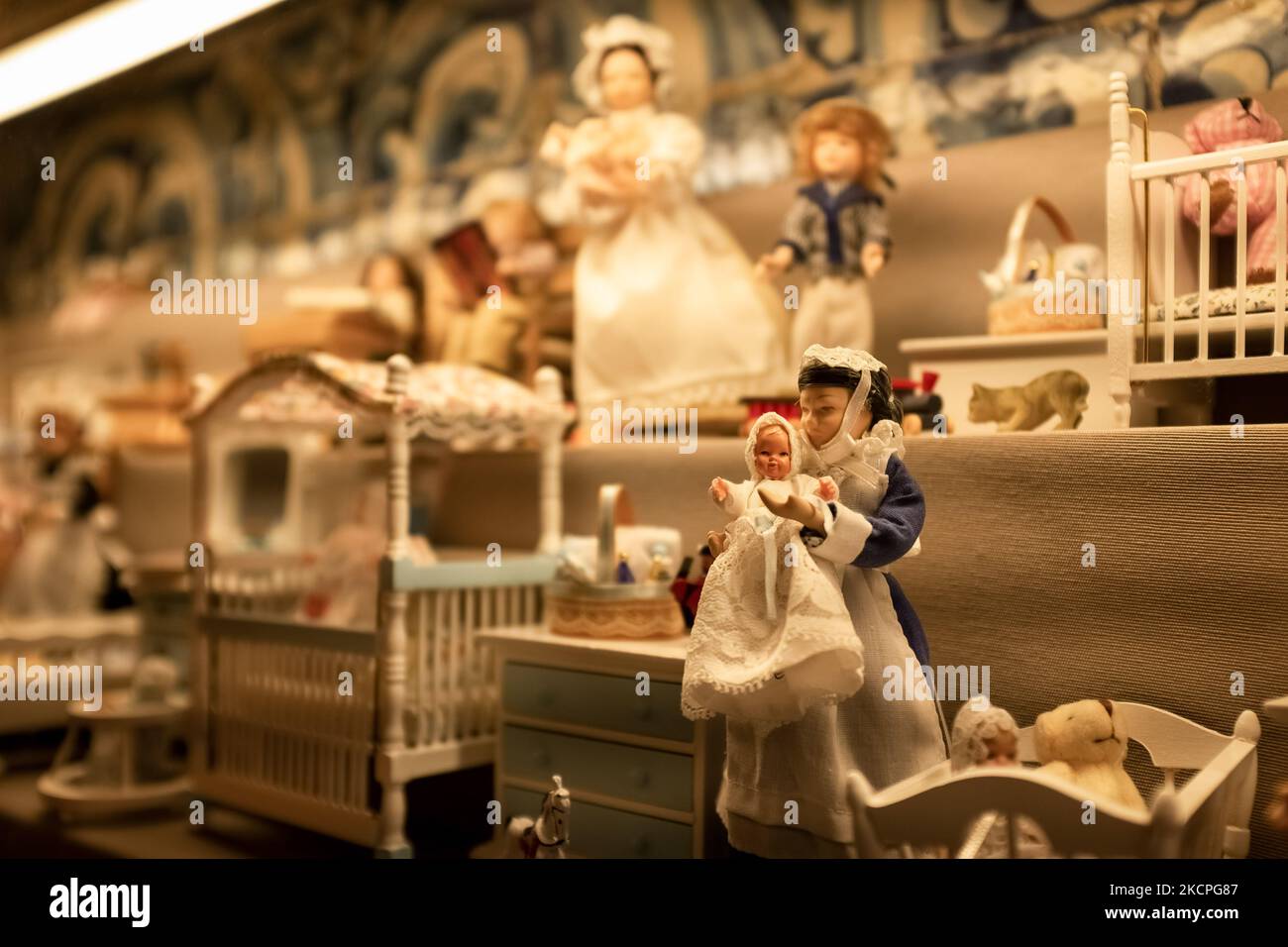 Dolls are seen at the museum area of the 'Hospital de Bonecas' in Lisbon, Portugal on October 12, 2021. Started in 1830 by Dona Carlota, an old lady making rag dolls in her small dried herbs store, at the 'Hospital de Bonecas' all sorts of dolls are being fixed and restored by specialists. The premises also host a museum, that is one of many attractions Lisbon offers to visitors. (Photo by Nikolas Kokovlis/NurPhoto) Stock Photo