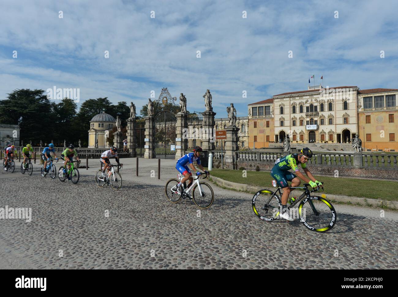 Eight-men breakaway led by Simone Bevilacqua of Italy and VINI ZABU' Team passes in front of Villa Contarini, a mostly Baroque-style, patrician rural palace in Piazzola sul Brenta, during the new edition of the Giro del Veneto, the 168.8km Italian classic bicycle race from Cittadella to Padua, held in the Veneto region. On Wednesday, October 13, 2021, in Padua, Veneto, Italy. (Photo by Artur Widak/NurPhoto) Stock Photo