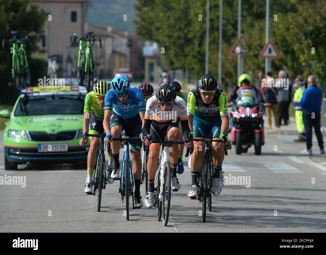 The eight-men breakaway during the new edition of the Giro del Veneto, the 168.8km Italian classic bicycle race from Cittadella to Padua, held in the Veneto region. On Wednesday, October 13, 2021, in Padua, Veneto, Italy. (Photo by Artur Widak/NurPhoto) Stock Photo