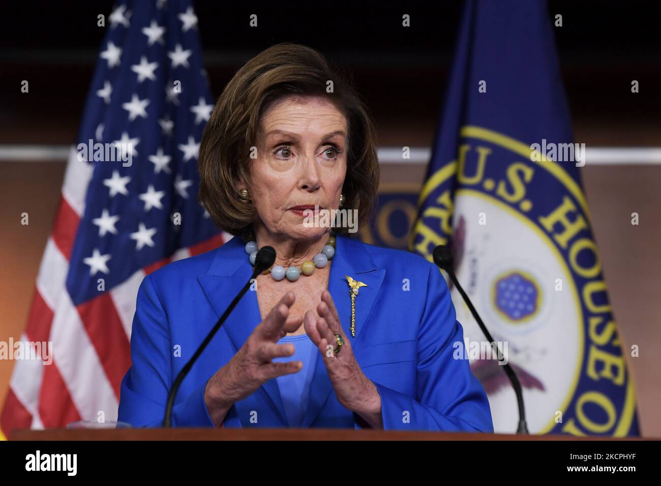 House Speaker Nancy Pelosi(D-CA) speaks about Debt Ceiling and Social Safety Net bills during her weekly press conference today on October 12, 2021 at HVC/Capitol Hill in Washington DC, USA. (Photo by Lenin Nolly/NurPhoto) Stock Photo