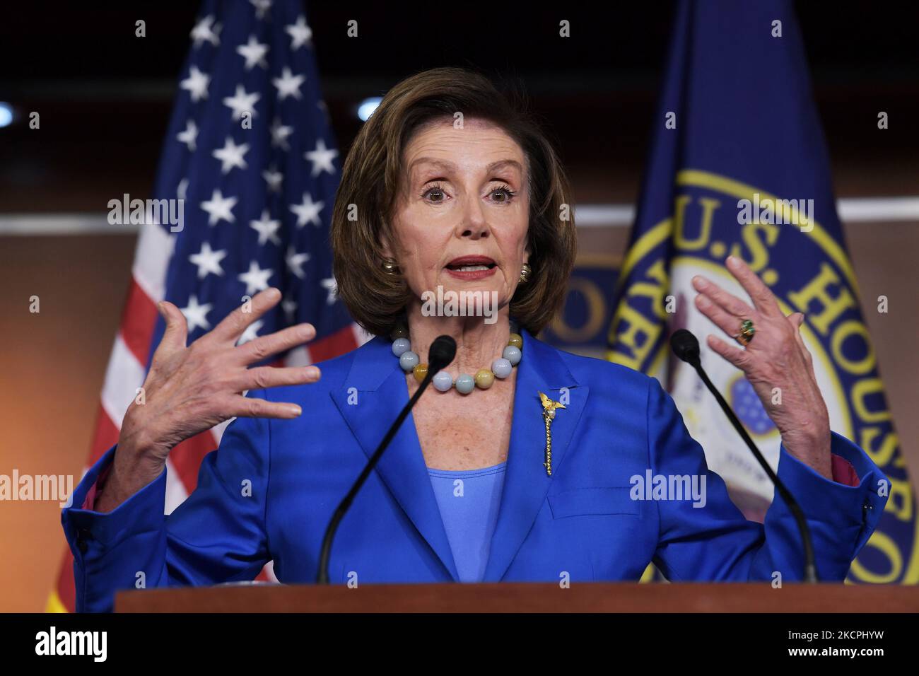 House Speaker Nancy Pelosi(D-CA) speaks about Debt Ceiling and Social Safety Net bills during her weekly press conference today on October 12, 2021 at HVC/Capitol Hill in Washington DC, USA. (Photo by Lenin Nolly/NurPhoto) Stock Photo