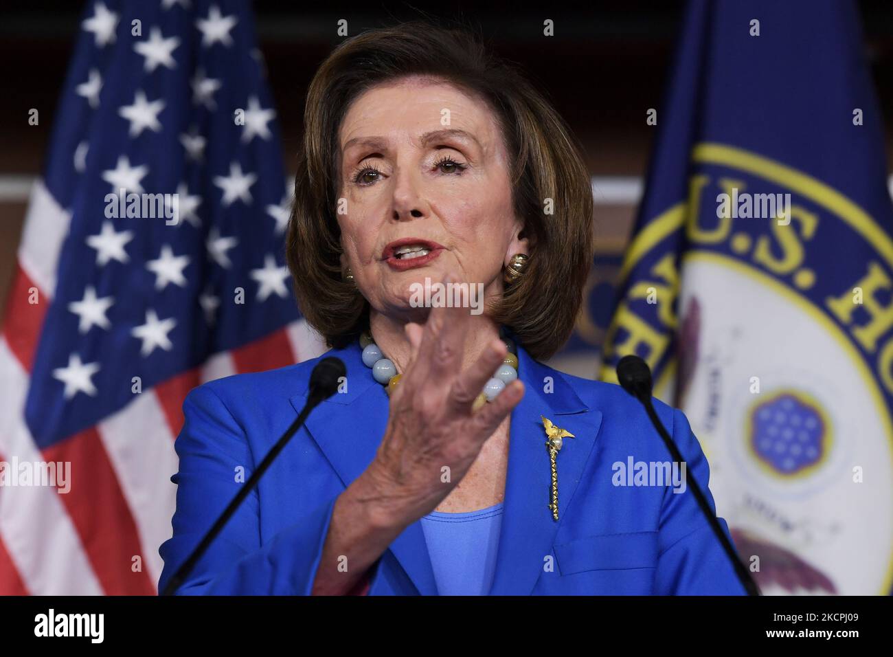 House Speaker Nancy Pelosi(D-CA) speaks about Debt Ceiling and Social Safety Net bills during her weekly press conference today on October 12, 2021 at HVC/Capitol Hill in Washington DC, USA. (Photo by Lenin Nolly/NurPhoto) Stock Photo