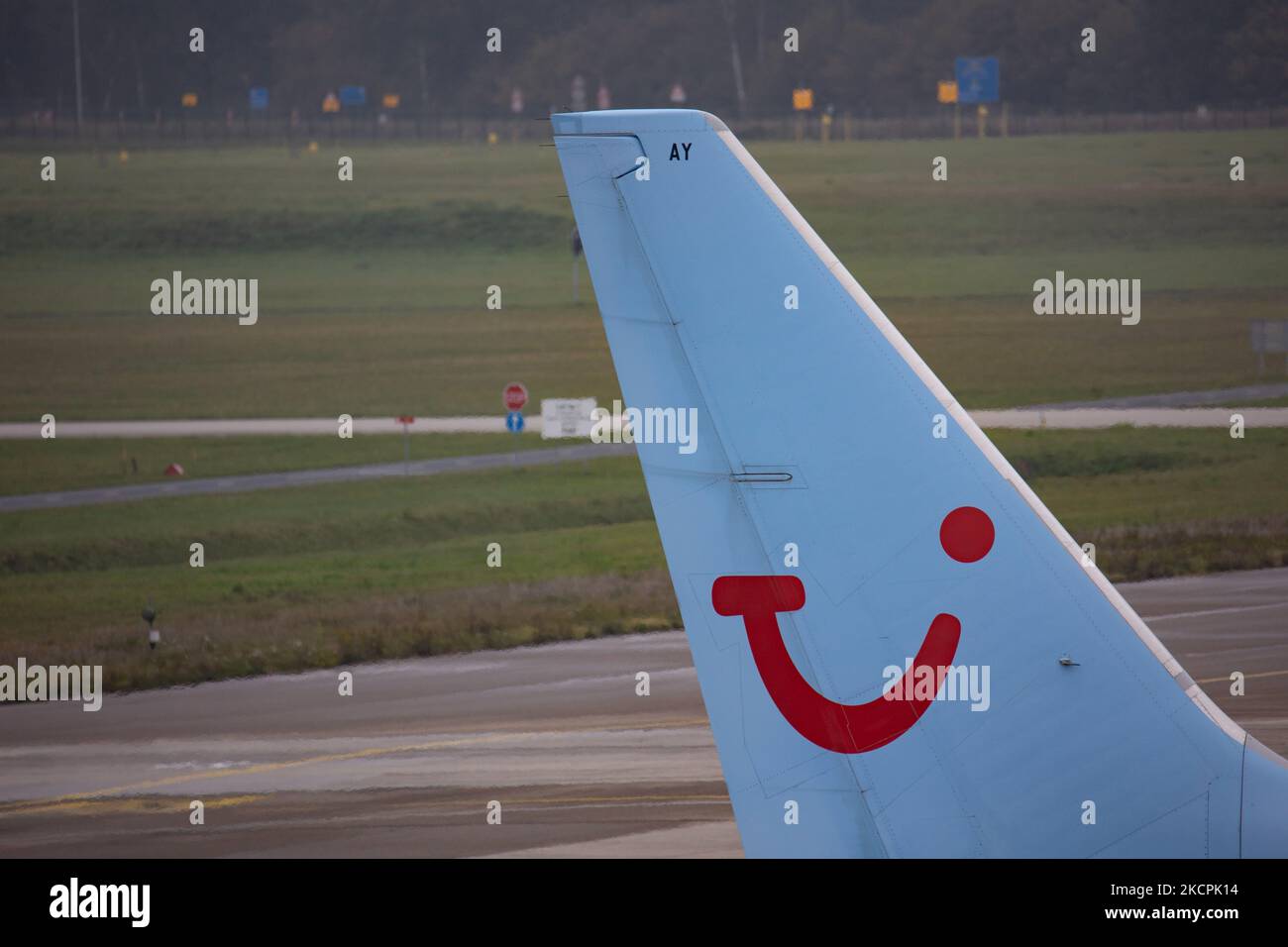 Logo of TUI on the vertical stabilizer of the plane. TUI Airlines Belgium Boeing 737-800 aircraft as seen flying, landing and taxiing at Eindhoven Airport EIN EHEH. The airplane arrived from Oujda Morocco, has the registration OO-JAY and the name Elegance. TUI fly former Jetairfly is a Belgian scheduled and charter airline, subsidiary of TUI Group, the German multinational travel and tourism company, largest leisure company in the world, and TUI airlines. Eindhoven, the Netherlands on October 15, 2021 (Photo by Nicolas Economou/NurPhoto) Stock Photo