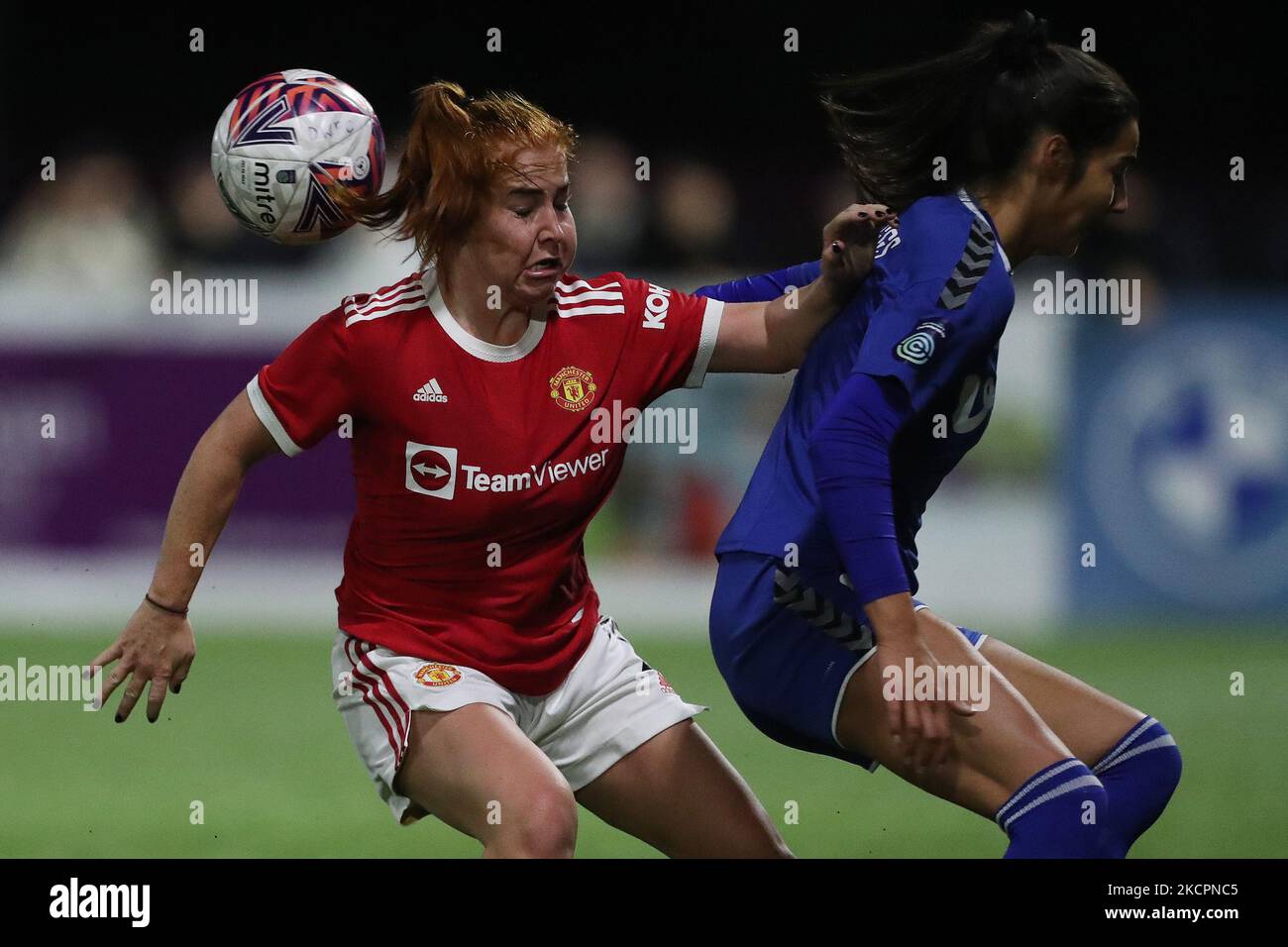 Manchester United Martha Harris in action with Lauren Briggs of Durham Women during the FA Women's Continental League Cup match between Durham Women and Manchester United at Maiden Castle, Durham City on Thursday 14th October 2021. (Photo by Mark Fletcher/MI News/NurPhoto) Stock Photo