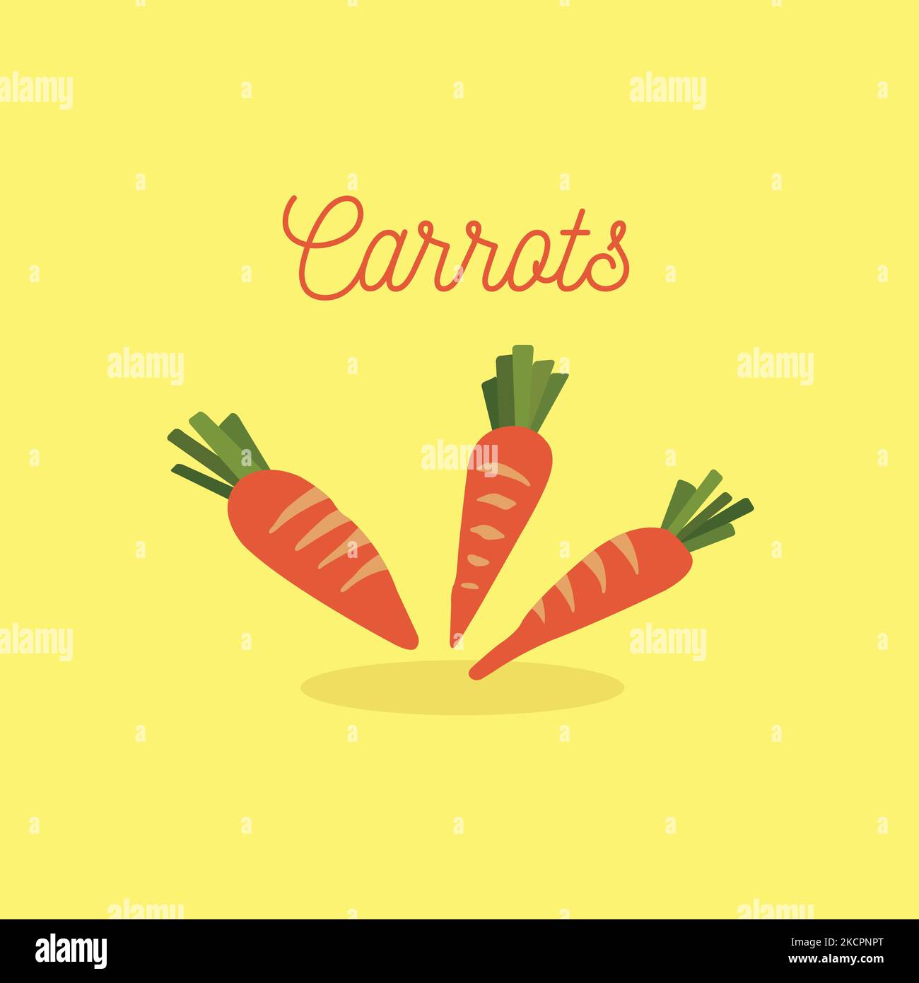 Three carrots with stems on yellow background and text Stock Vector
