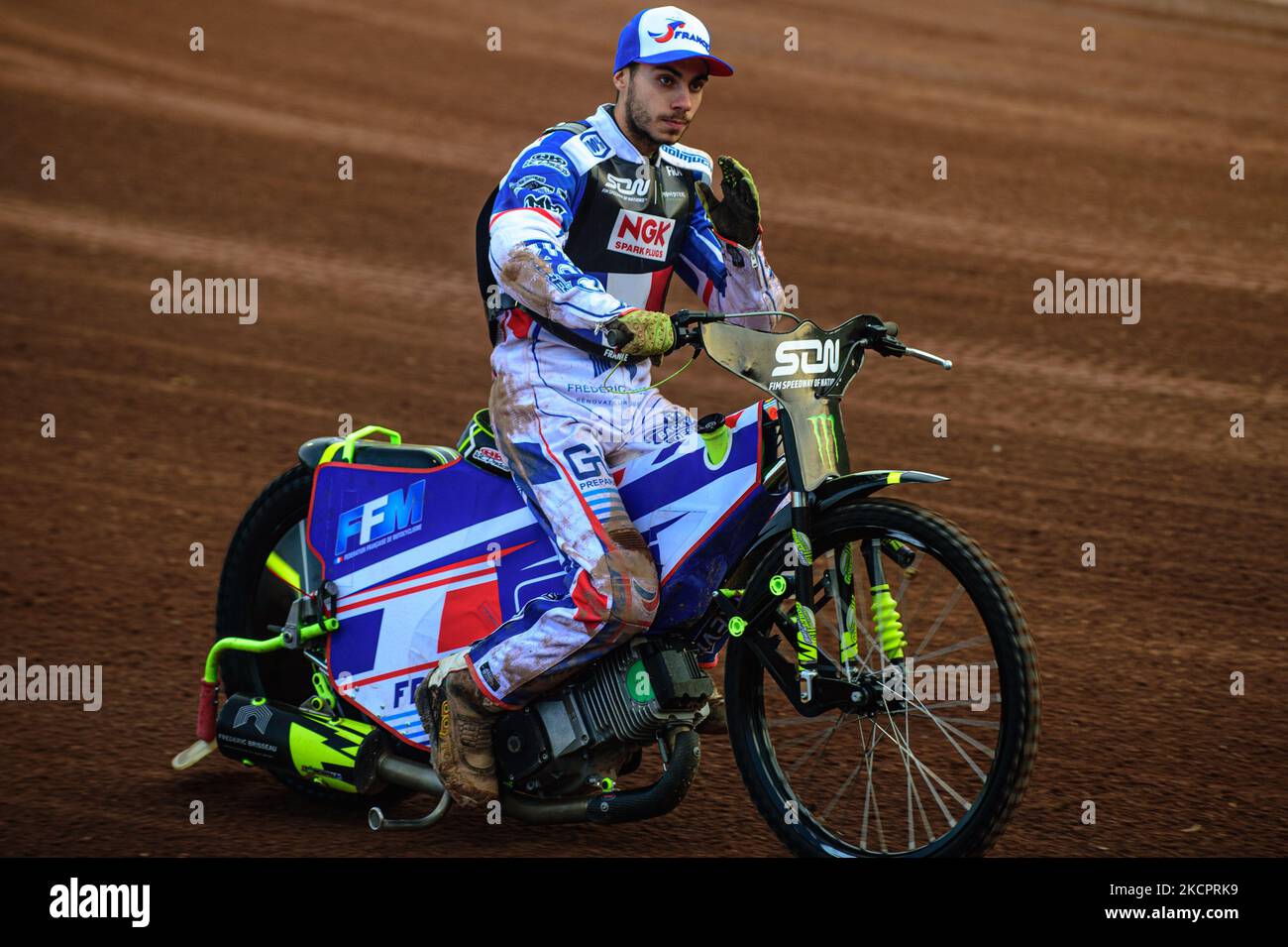 Steven Goret of France on the parade during the Monster Energy FIM Speedway  of Nations at the National Speedway Stadium, Manchester on Saturday 16th  October 2021. (Photo by Ian Charles/MI News/NurPhoto Stock