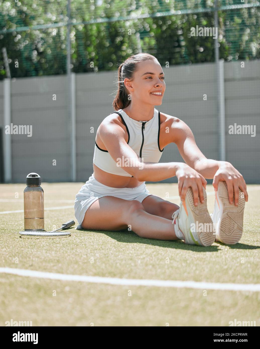 Woman, tennis player and stretching legs on tennis court for fitness