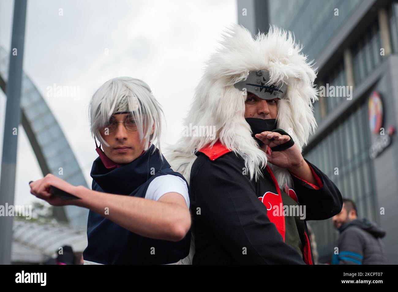 A couple of friends Cosplay Naruto anime characters during the third day of the SOFA (Salon del Ocio y la Fantasia) 2021, a fair aimed to the geek audience in Colombia that mixes Cosplay, gaming, superhero and movie fans from across Colombia, in Bogota, Colombia on October 14, 2021. (Photo by Sebastian Barros/NurPhoto) Stock Photo
