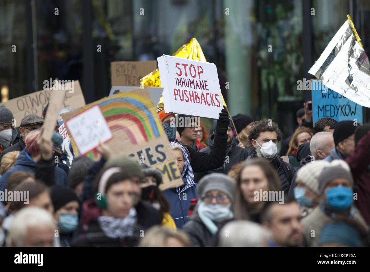 Stop Illegal Pushbacks seen during solidarity demonstration with refugees on the Polish Belarusian border in Warsaw on 17 October, 2021. (Photo by Maciej Luczniewski/NurPhoto) Stock Photo