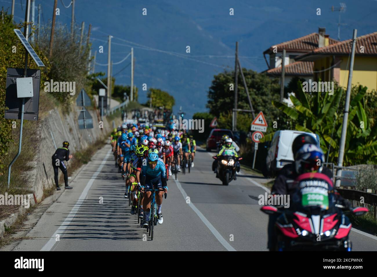 Davide Martinelli of Italy and Astana - Premier Tech leads the peloton passing by Refrontolo during the first edition of the Veneto Classic, the 207km pro cycling race from Venezia to Bassano del Grappa, held in the Veneto region. On Sunday, October 17, 2021, in Bassano del Grappa, Veneto, Italy. (Photo by Artur Widak/NurPhoto) Stock Photo