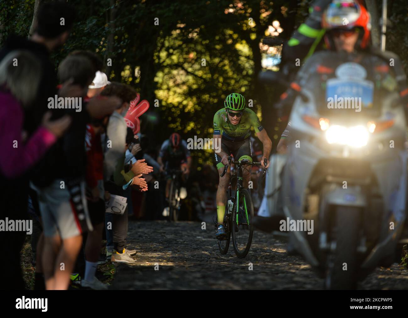 Jonas Rapp of Germany and Team Hrinkow Advarics Cycleang at the Muro della Tisa, a cycling climb located in the Province of Vicenza, during the first edition of the Veneto Classic, the 207km pro cycling race from Venezia to Bassano del Grappa, held in the Veneto region. On Sunday, October 17, 2021, in Bassano del Grappa, Veneto, Italy. (Photo by Artur Widak/NurPhoto via Getty Images) (Photo by Artur Widak/NurPhoto) Stock Photo