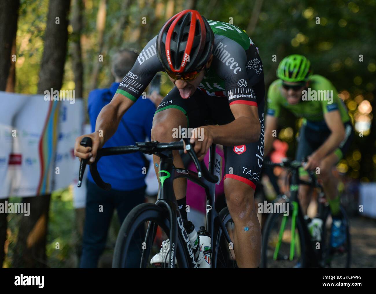 Matteo Zurlo of Italy and Zalf Euromobil Fior in front of Jonas Rapp of Germany and Team Hrinkow Advarics Cycleang at the Muro della Tisa, a cycling climb located in the Province of Vicenza, during the first edition of the Veneto Classic, the 207km pro cycling race from Venezia to Bassano del Grappa, held in the Veneto region. On Sunday, October 17, 2021, in Bassano del Grappa, Veneto, Italy. (Photo by Artur Widak/NurPhoto via Getty Images) (Photo by Artur Widak/NurPhoto) Stock Photo