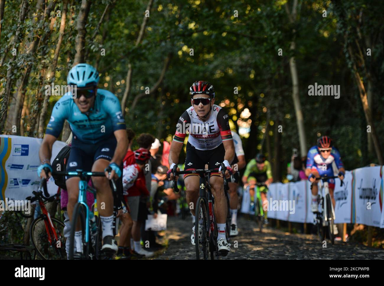 Riders in action at the Muro della Tisa, a cycling climb located in the Province of Vicenza, during the first edition of the Veneto Classic, the 207km pro cycling race from Venezia to Bassano del Grappa, held in the Veneto region. On Sunday, October 17, 2021, in Bassano del Grappa, Veneto, Italy. (Photo by Artur Widak/NurPhoto via Getty Images) (Photo by Artur Widak/NurPhoto) Stock Photo