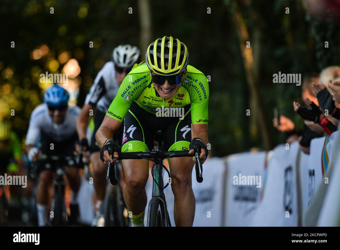 Riders in action at the Muro della Tisa, a cycling climb located in the Province of Vicenza, during the first edition of the Veneto Classic, the 207km pro cycling race from Venezia to Bassano del Grappa, held in the Veneto region. On Sunday, October 17, 2021, in Bassano del Grappa, Veneto, Italy. (Photo by Artur Widak/NurPhoto via Getty Images) (Photo by Artur Widak/NurPhoto) Stock Photo