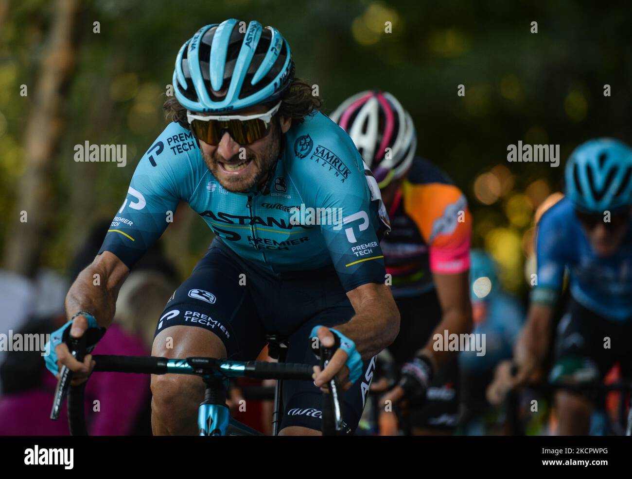 Riders in action at the Muro della Tisa, a cycling climb located in the Province of Vicenza, during the first edition of the Veneto Classic, the 207km pro cycling race from Venezia to Bassano del Grappa, held in the Veneto region. On Sunday, October 17, 2021, in Bassano del Grappa, Veneto, Italy. (Photo by Artur Widak/NurPhoto via Getty Images) (Photo by Artur Widak/NurPhoto) Stock Photo