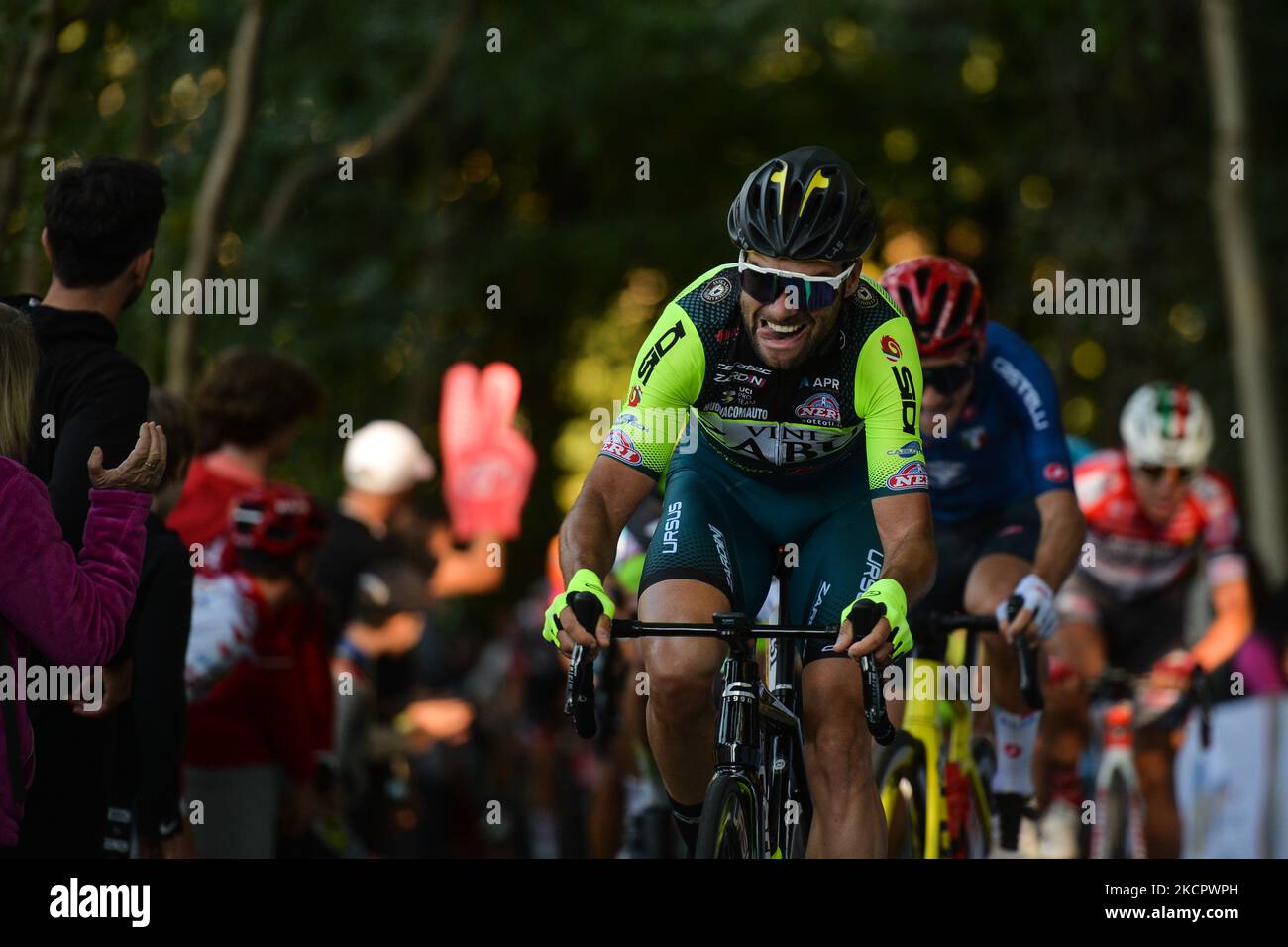 Riders in action at the Muro della Tisa, a cycling climb located in the Province of Vicenza, during the first edition of the Veneto Classic, the 207km pro cycling race from Venezia to Bassano del Grappa, held in the Veneto region. On Sunday, October 17, 2021, in Bassano del Grappa, Veneto, Italy. (Photo by Artur Widak/NurPhoto via Getty Images) (Photo by Artur Widak/NurPhoto) Stock Photo