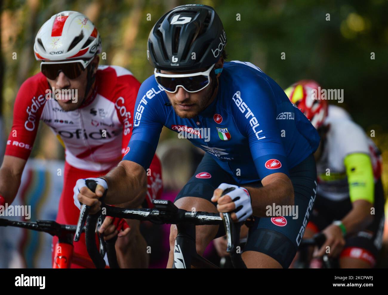 Riders in action at the Muro della Tisa, a cycling climb located in the Province of Vicenza, during the first edition of the Veneto Classic, the 207km pro cycling race from Venezia to Bassano del Grappa, held in the Veneto region. On Sunday, October 17, 2021, in Bassano del Grappa, Veneto, Italy. (Photo by Artur Widak/NurPhoto via Getty Images) (Photo by Artur Widak/NurPhoto) Stock Photo