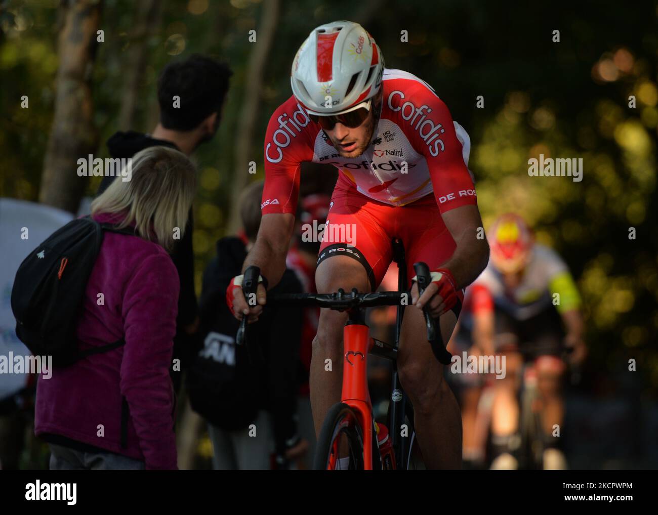 Riders in action at the Muro della Tisa, a cycling climb located in the Province of Vicenza, during the first edition of the Veneto Classic, the 207km pro cycling race from Venezia to Bassano del Grappa, held in the Veneto region. On Sunday, October 17, 2021, in Bassano del Grappa, Veneto, Italy. (Photo by Artur Widak/NurPhoto via Getty Images) (Photo by Artur Widak/NurPhoto) Stock Photo