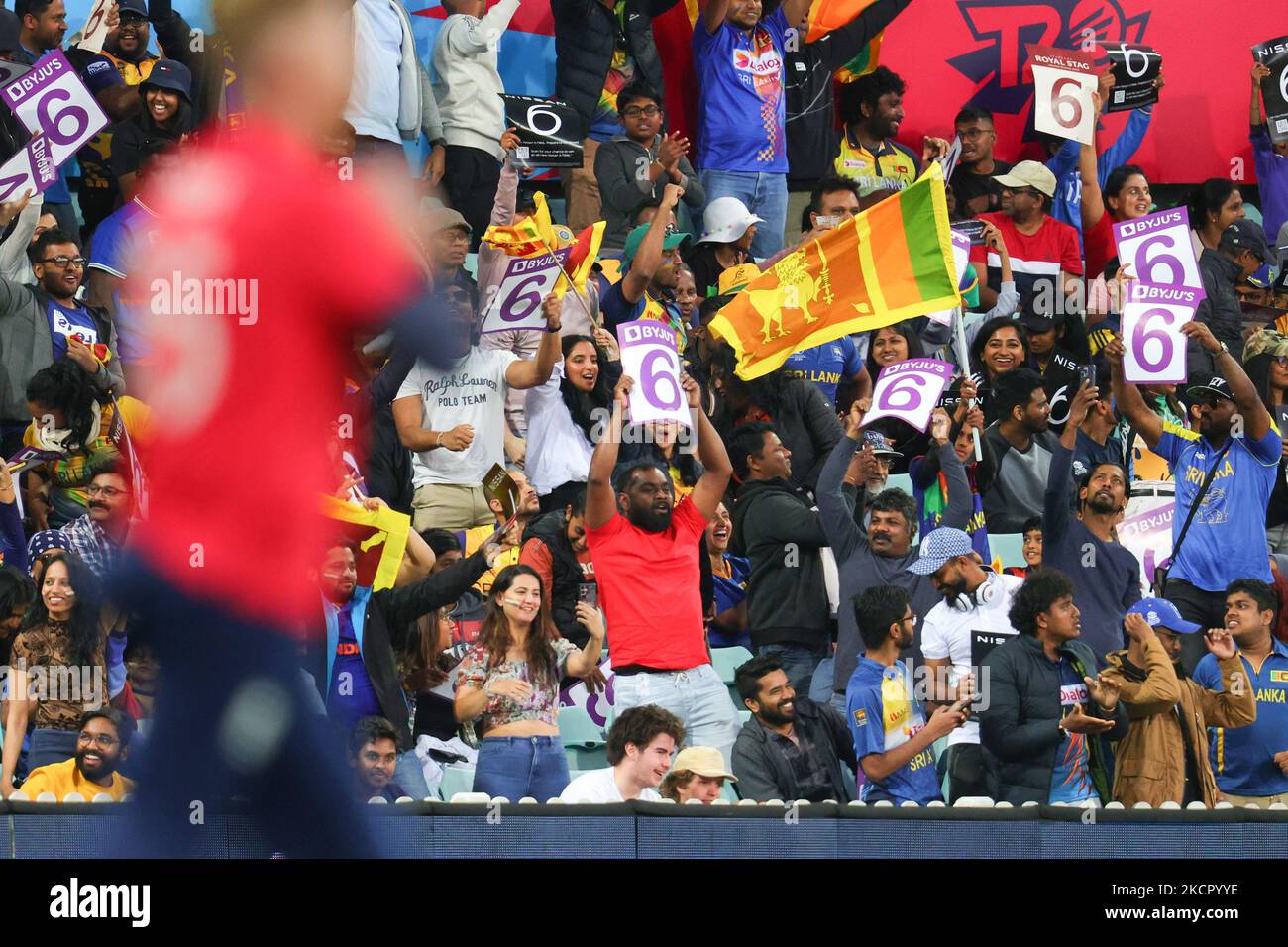 Sydney, Australia. 05th Nov, 2022. Sri Lanka fans celebrate a six during the ICC Mens T20 World Cup 2022 match between England and Sri Lanka at Sydney Cricket Ground, Sydney, Australia on 5 November 2022. Photo by Peter Dovgan. Editorial use only, license required for commercial use. No use in betting, games or a single club/league/player publications. Credit: UK Sports Pics Ltd/Alamy Live News Stock Photo