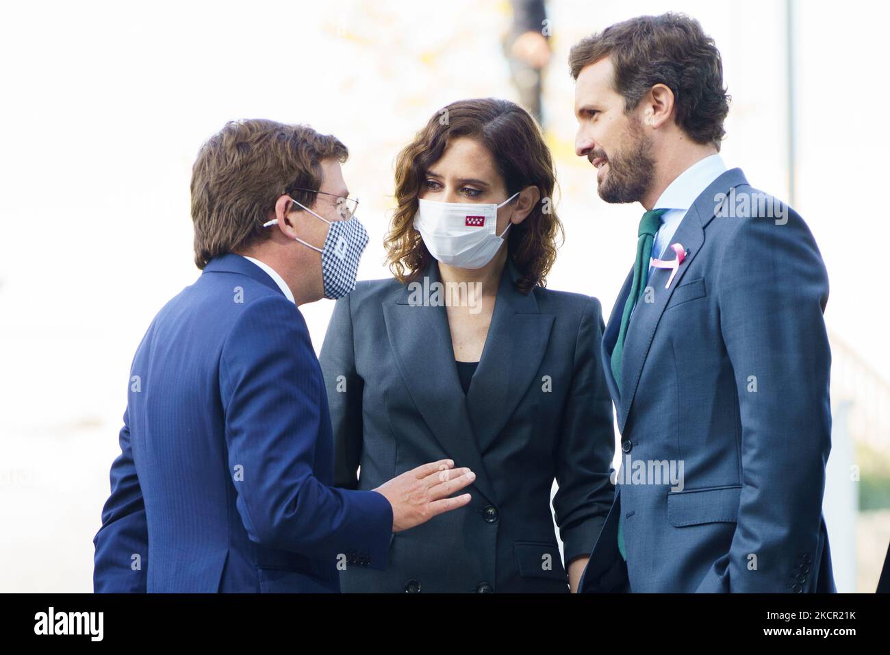 he Mayor of Madrid Jose Luis Martinez-Almeida, President of the Community of Madrid Isabel Diaz Ayuso and President of the PP, Pablo Casado arrive at the inauguration of the new IE Tower Campus located in the fifth tallest tower in Madrid on October 19, 2021 in Madrid, Spain. At 180 meters high, this building is a model of sustainable architecture that houses more than 50,000 square meters of dynamic and multi-purpose spaces. With the construction of the tower, (Photo by Oscar Gonzalez/NurPhoto) Stock Photo