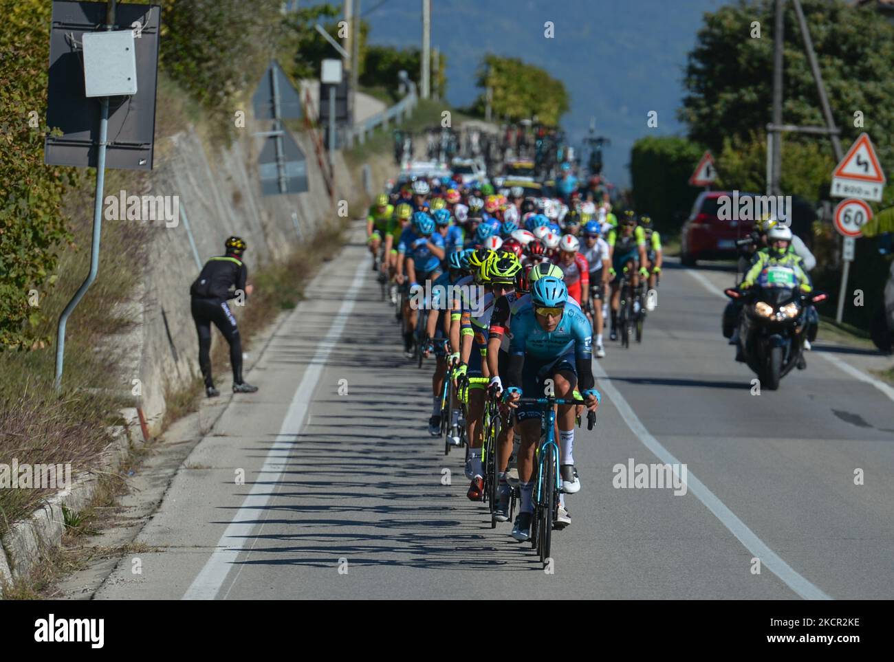 Davide Martinelli of Italy and Astana - Premier Tech leads the peloton passing by Refrontolo during the first edition of the Veneto Classic, the 207km pro cycling race from Venezia to Bassano del Grappa, held in the Veneto region. On SUnday, October 17, 2021, in Bassano del Grappa, Veneto, Italy. (Photo by Artur Widak/NurPhoto) Stock Photo