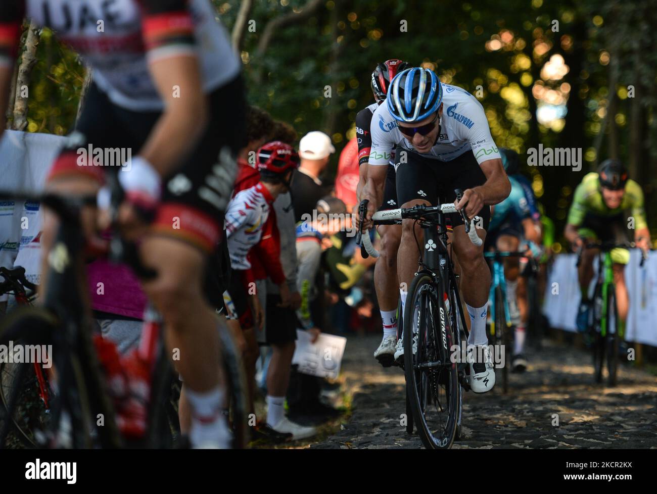 Riders in action at the Muro della Tisa, a cycling climb located in the Province of Vicenza, during the first edition of the Veneto Classic, the 207km pro cycling race from Venezia to Bassano del Grappa, held in the Veneto region. On SUnday, October 17, 2021, in Bassano del Grappa, Veneto, Italy. (Photo by Artur Widak/NurPhoto) Stock Photo