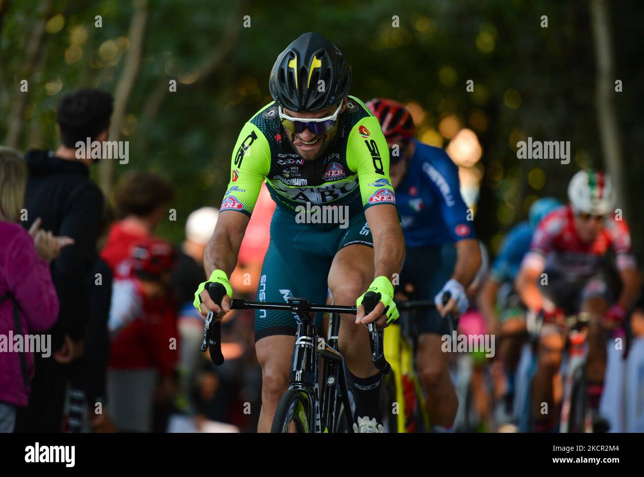 Riders in action at the Muro della Tisa, a cycling climb located in the Province of Vicenza, during the first edition of the Veneto Classic, the 207km pro cycling race from Venezia to Bassano del Grappa, held in the Veneto region. On SUnday, October 17, 2021, in Bassano del Grappa, Veneto, Italy. (Photo by Artur Widak/NurPhoto) Stock Photo