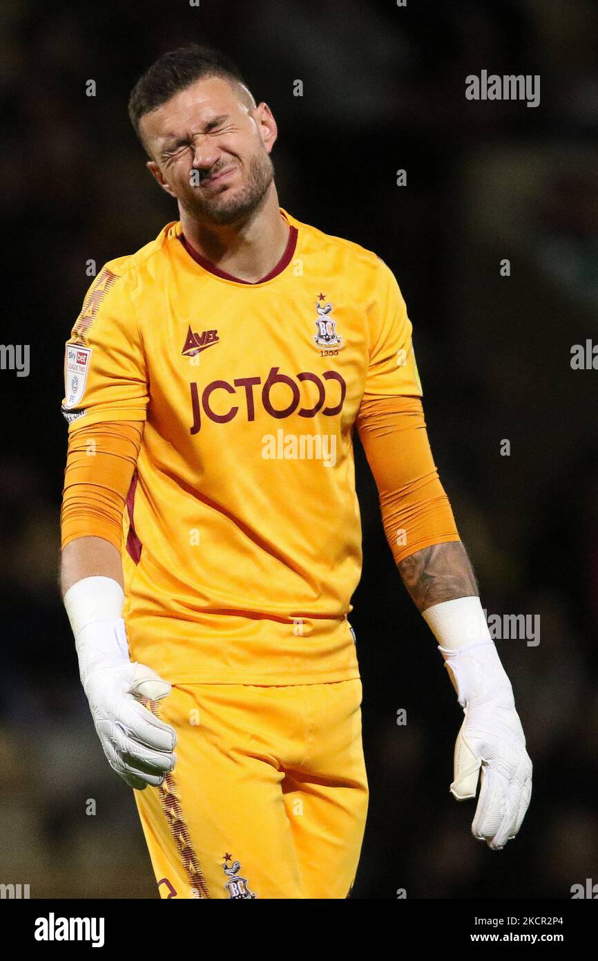 Richard O'Donnell of Bradford City reacts during the Sky Bet League 2 match between Bradford City and Hartlepool United at the Coral Windows Stadium, Bradford on Tuesday 19th October 2021. (Photo by Will Matthews/MI News/NurPhoto) Stock Photo