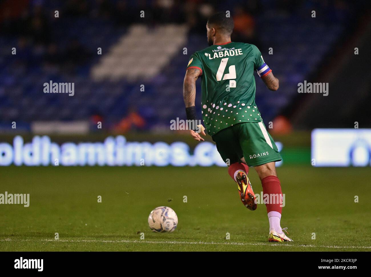 Stock action picture of Joss Labadie of Walsall Football Club during the Sky Bet League 2 match between Oldham Athletic and Walsall at Boundary Park, Oldham on Tuesday 19th October 2021. (Photo by Eddie Garvey/MI News/NurPhoto) Stock Photo