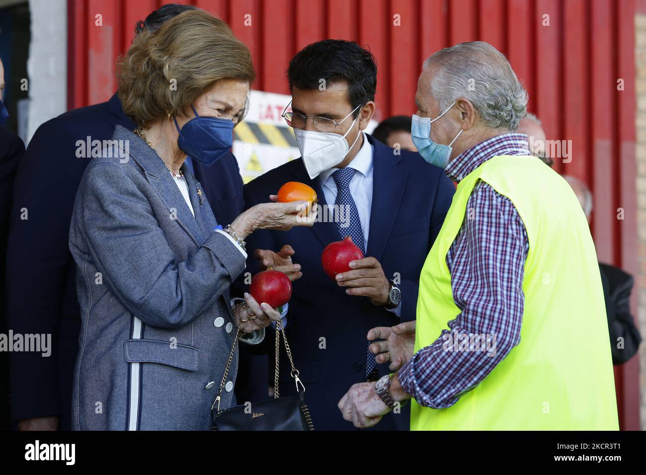 Queen Sofia looks a persimmon and a pomegranate during her visit to the Food Bank of Granada on October 20, 2021 in Granada, Spain. (Photo by Álex Cámara/NurPhoto) Stock Photo
