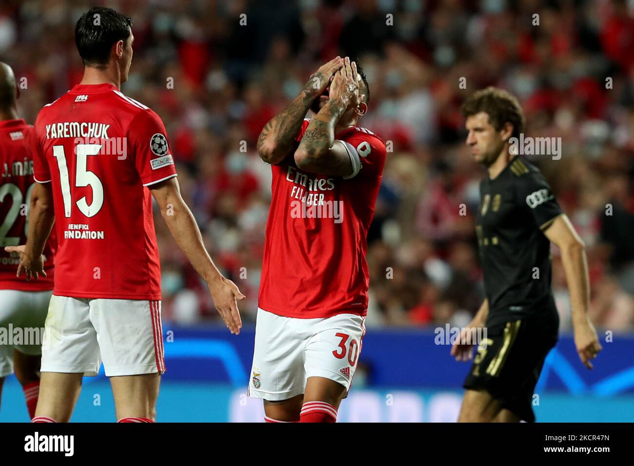 Otamendi of SL Benfica (C ) reacts during the UEFA Champions League group E football match between SL Benfica and FC Bayern Muenchen at the Luz stadium in Lisbon, Portugal on October 20, 2021. (Photo by Pedro FiÃºza/NurPhoto) Stock Photo