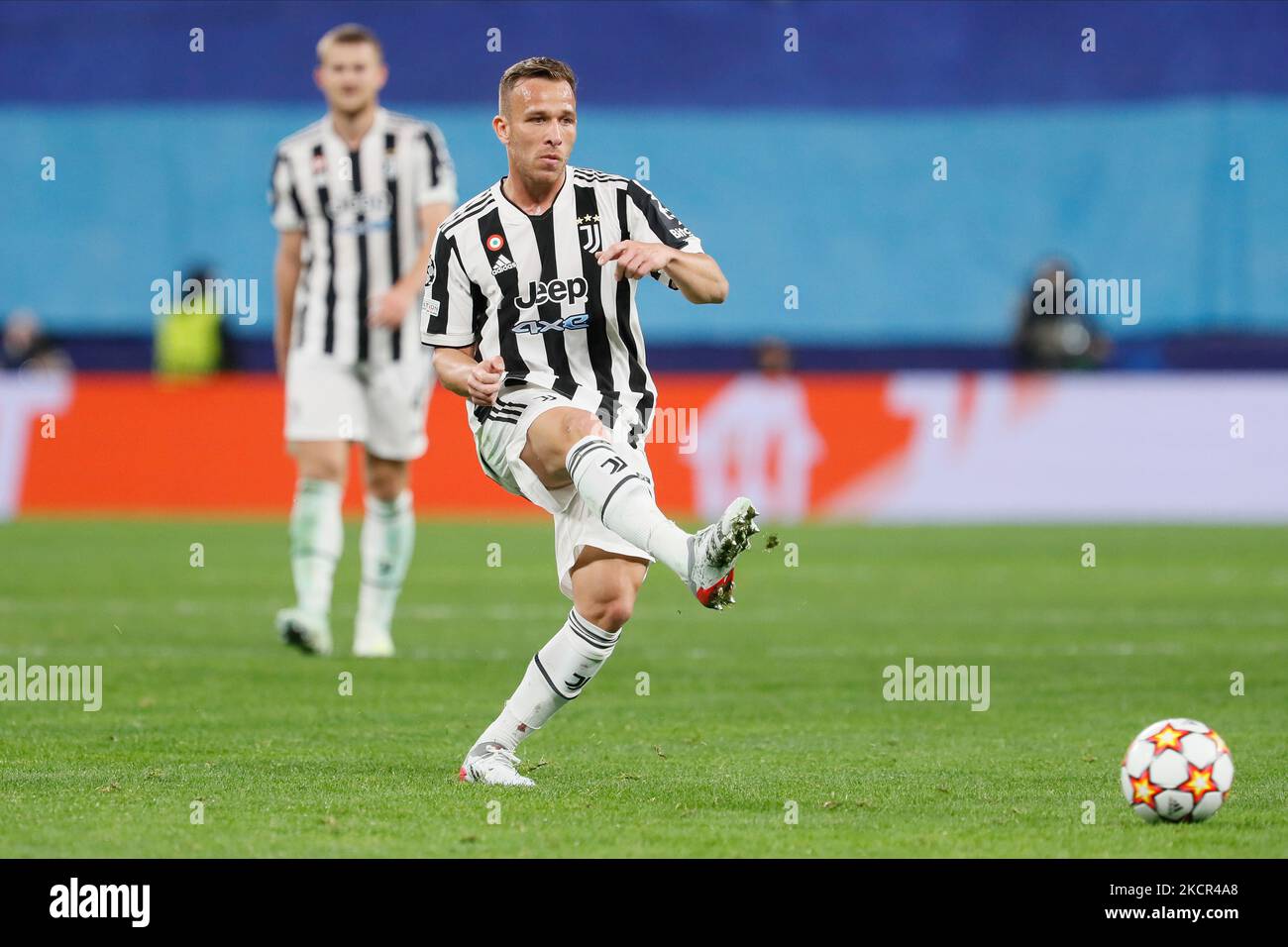 Arthur of Juventus passes the ball during the UEFA Champions League Group H football match between Zenit St. Petersburg and Juventus FC on October 20, 2021 at Gazprom Arena in Saint Petersburg, Russia. (Photo by Mike Kireev/NurPhoto) Stock Photo