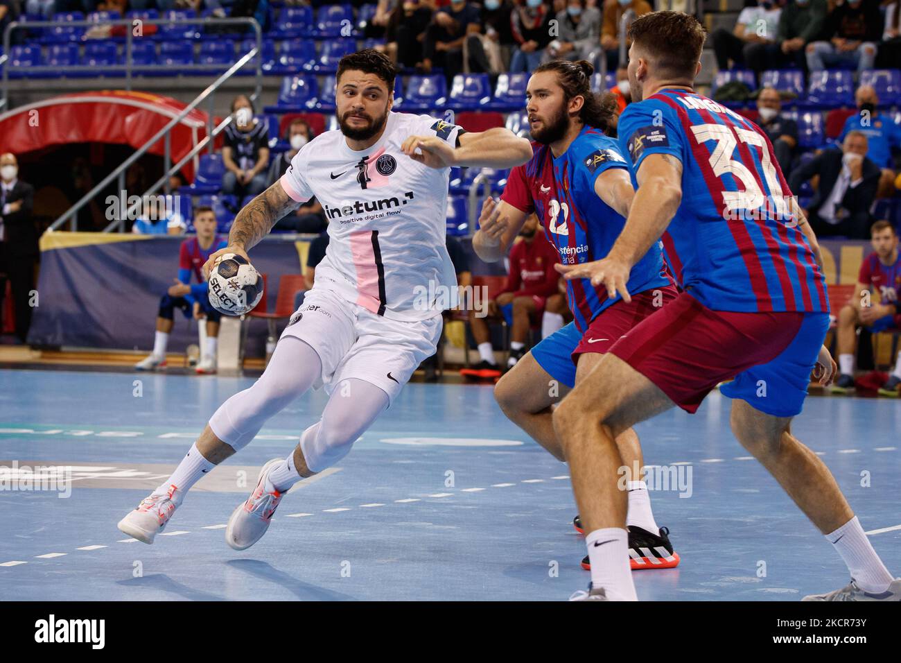 Elohim Prandi of PSG Handball during the EHF Champions League match between FC Barcelona and PSG Handball at Palau Blaugrana in Barcelona. (Photo by DAX Images/NurPhoto) Stock Photo