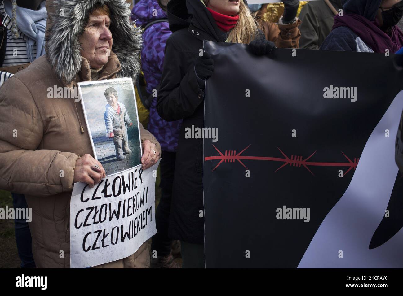 Mothers to the Border protest organized near Border Guards outpost against inhumane treatment of immigrants on the Polish Belarusian border in Michalowo on October 23, 2021. (Photo by Maciej Luczniewski/NurPhoto) Stock Photo