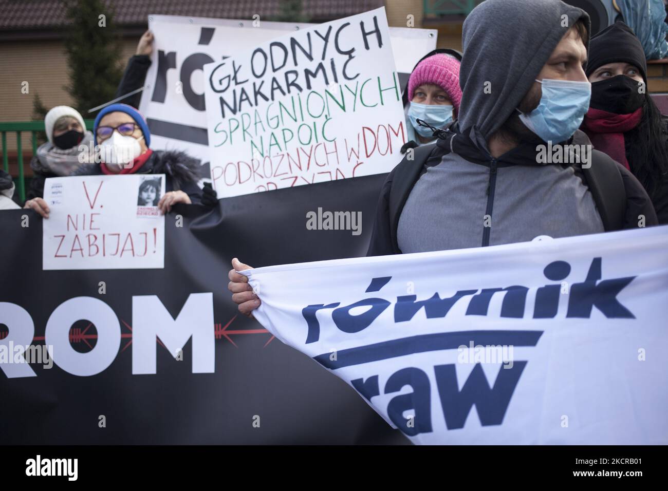 Mothers to the Border protest organized near Border Guards outpost against inhumane treatment of immigrants on the Polish Belarusian border in Michalowo on October 23, 2021. (Photo by Maciej Luczniewski/NurPhoto) Stock Photo