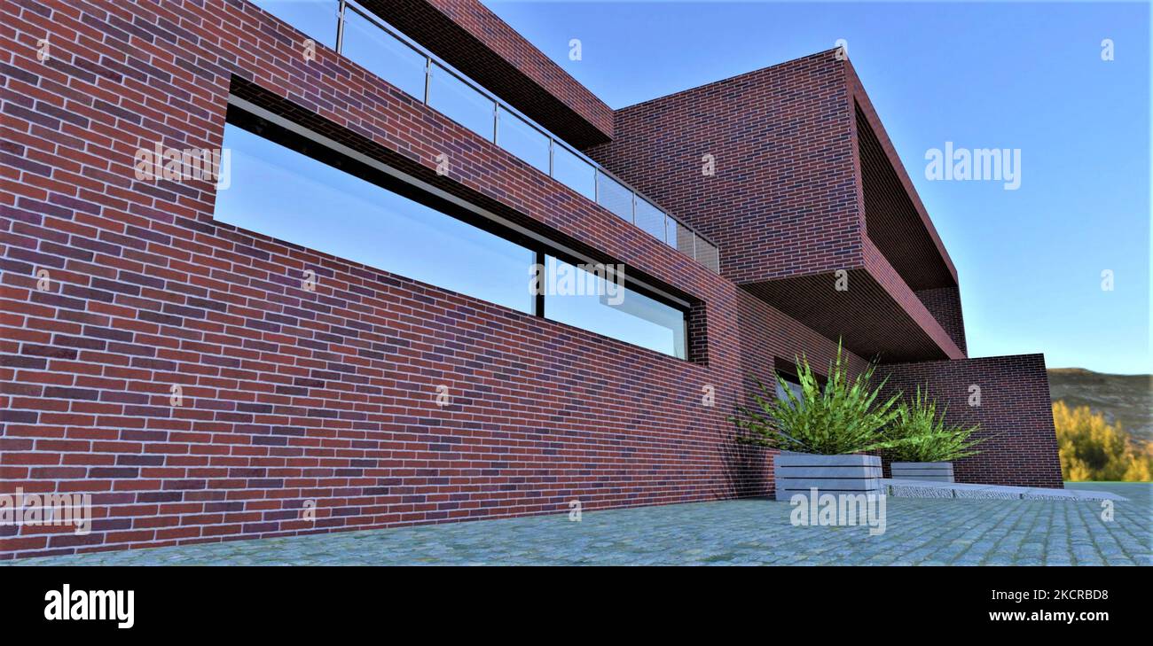 A long narrow window with a four-chamber double-glazed window on the wall of an elite country house, lined with red-blue glossy brick. 3d rendering. Stock Photo