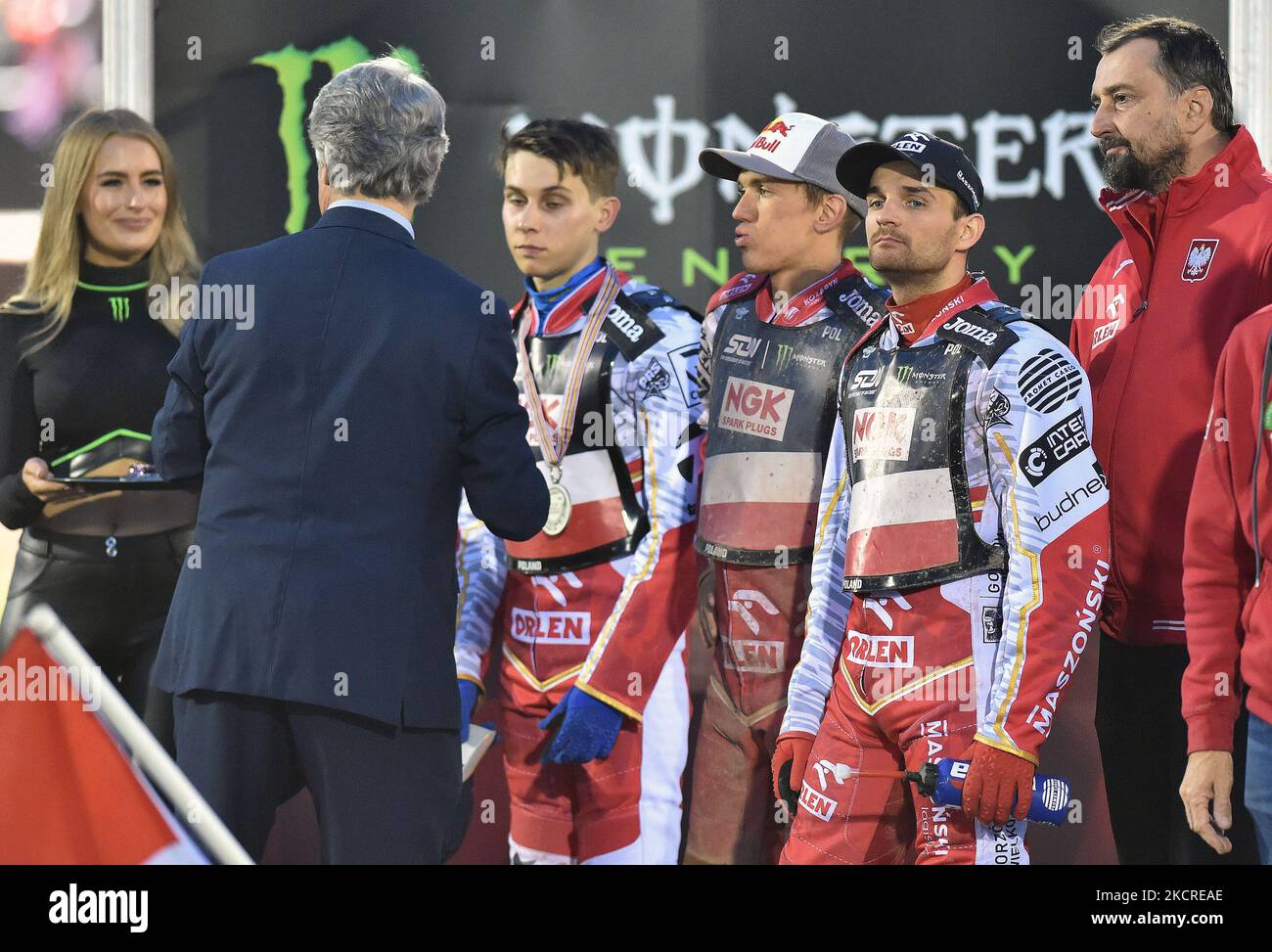 Disappointed Maciej Janowski of Poland on the rostrum after the final ...