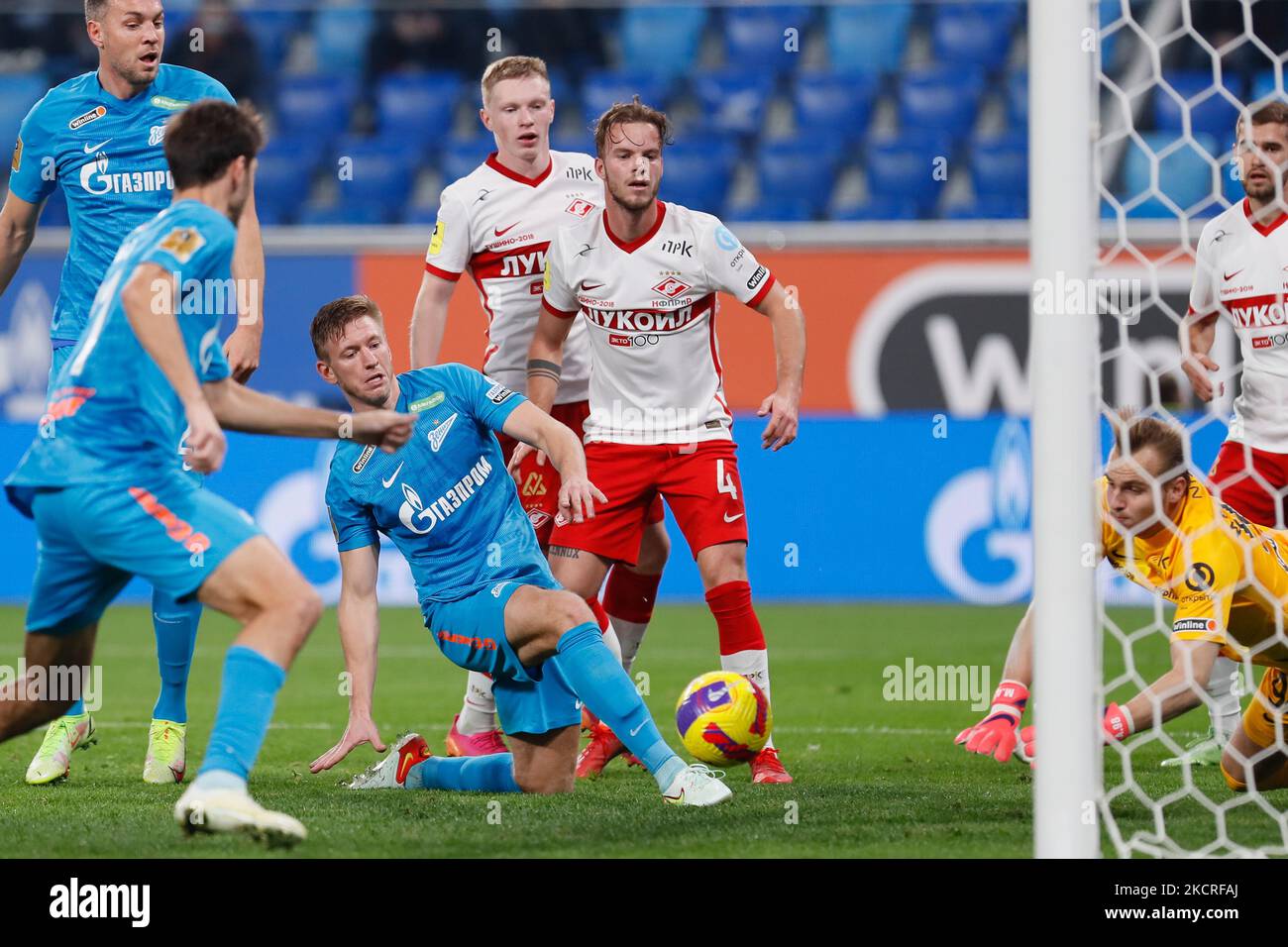Dmitri Chistyakov (C) of Zenit St. Petersburg shoots on goal during the Russian Premier League match between FC Zenit Saint Petersburg and FC Spartak Moscow on October 24, 2021 at Gazprom Arena in Saint Petersburg, Russia. (Photo by Mike Kireev/NurPhoto) Stock Photo