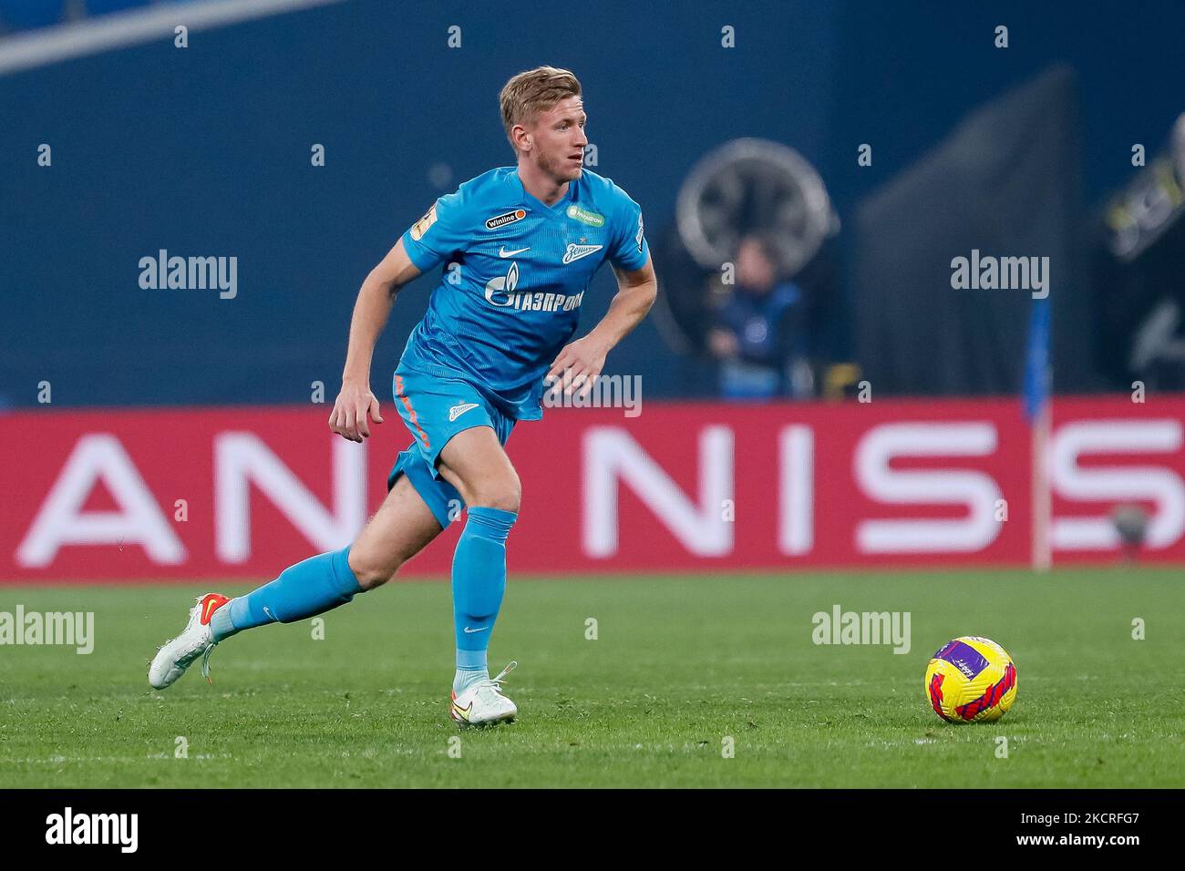 Dmitri Chistyakov of Zenit St. Petersburg in action during the Russian Premier League match between FC Zenit Saint Petersburg and FC Spartak Moscow on October 24, 2021 at Gazprom Arena in Saint Petersburg, Russia. (Photo by Mike Kireev/NurPhoto) Stock Photo