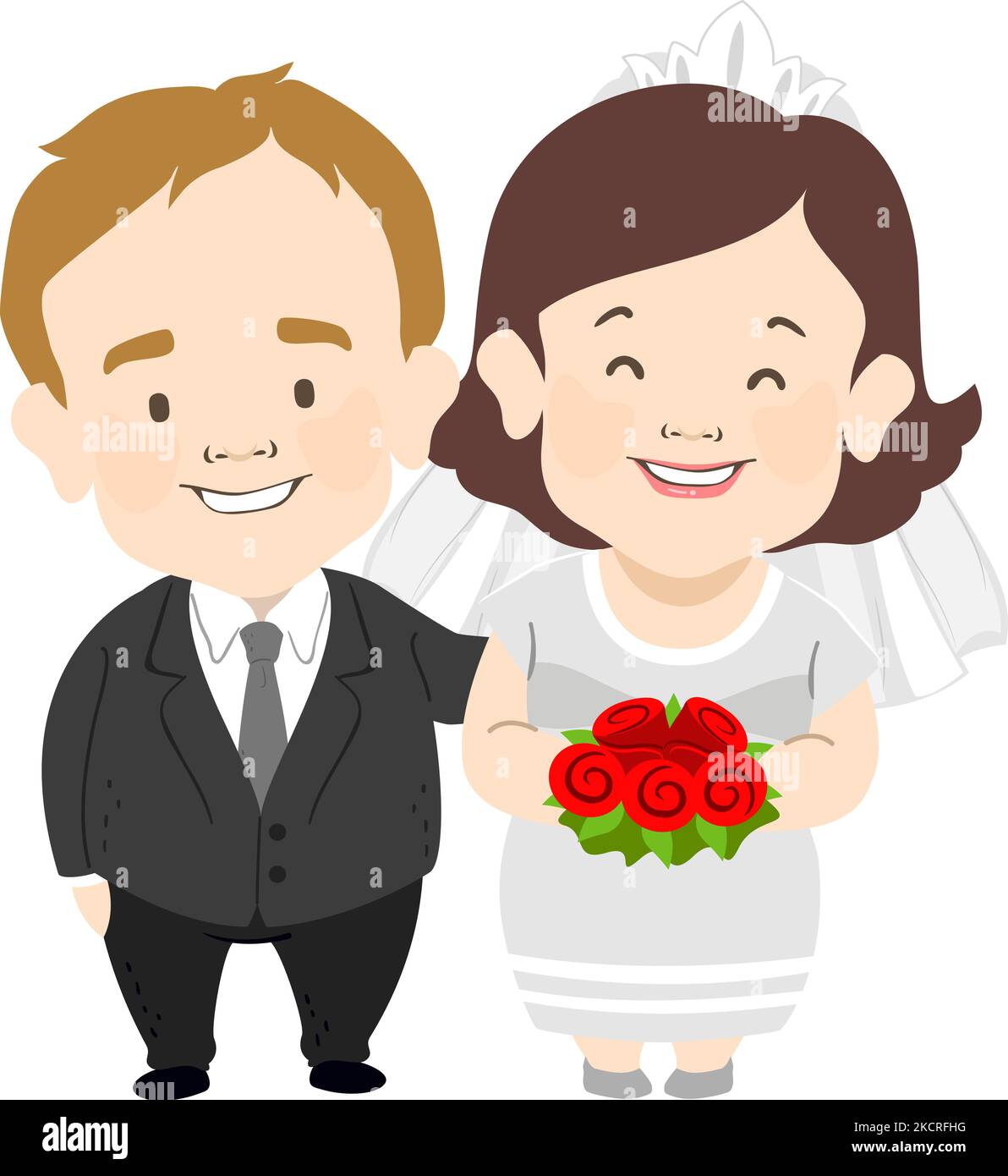 Illustration of a Couple with Dwarfism in Wedding. Groom in Tuxedo with Bride in Bridal Gown Holding Bouquet of Rose Flower Stock Photo