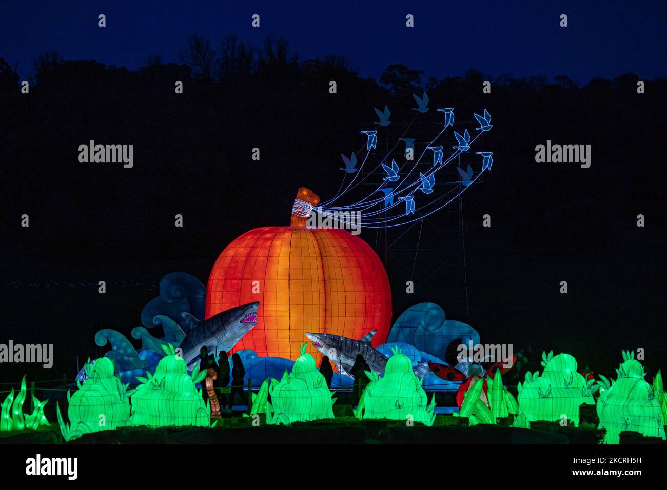 People walk past a James and the Giant Peach illumination at Longleat