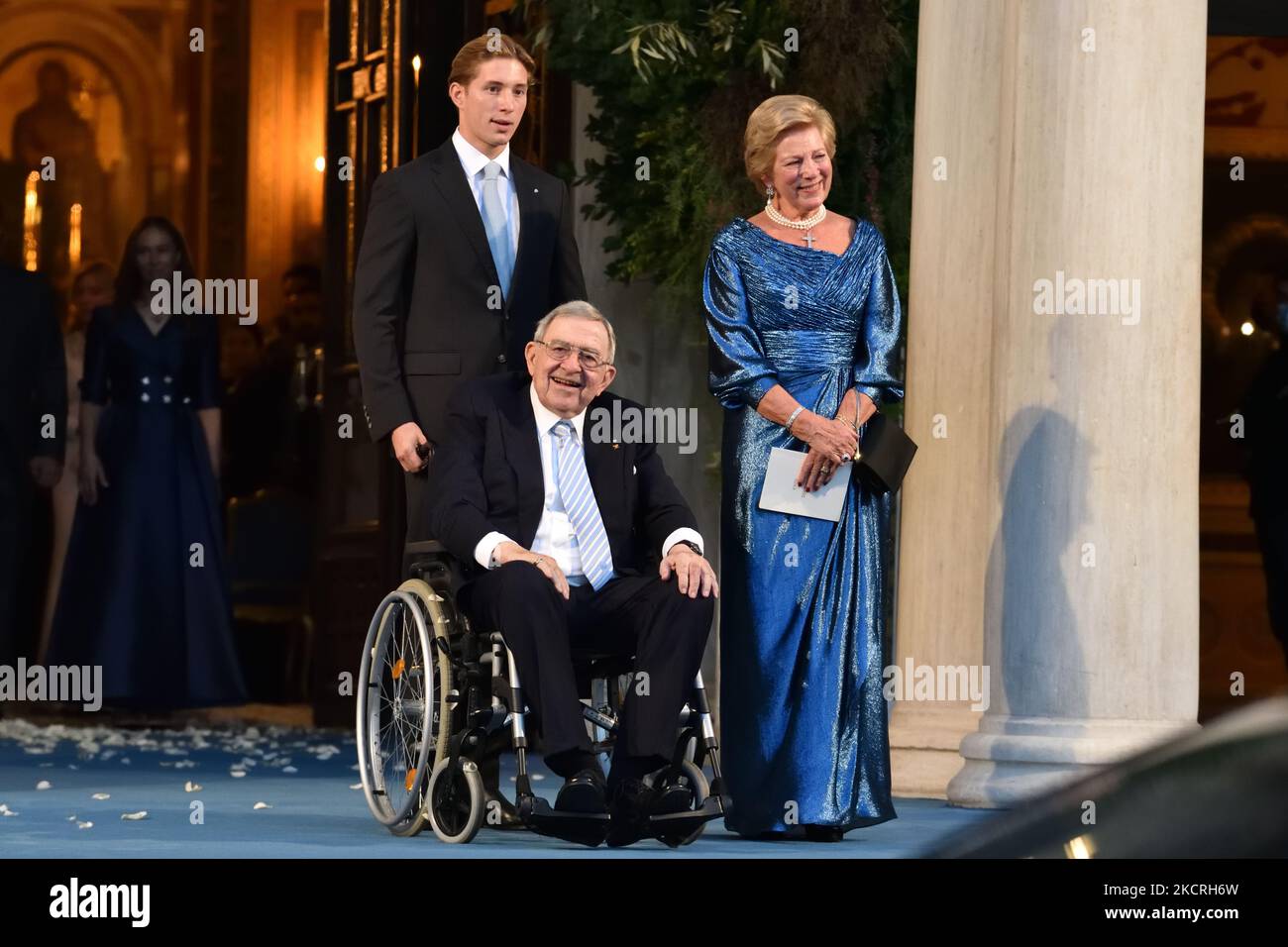 Prince Constantine Alexios (L), Queen Anne-Marie (R) and King Constantine (sitting) depart from the Metropolitan Cathedral of Athens, in Athens, Greece, on October 23, 2021. (Photo by Nicolas Koutsokostas/NurPhoto) Stock Photo